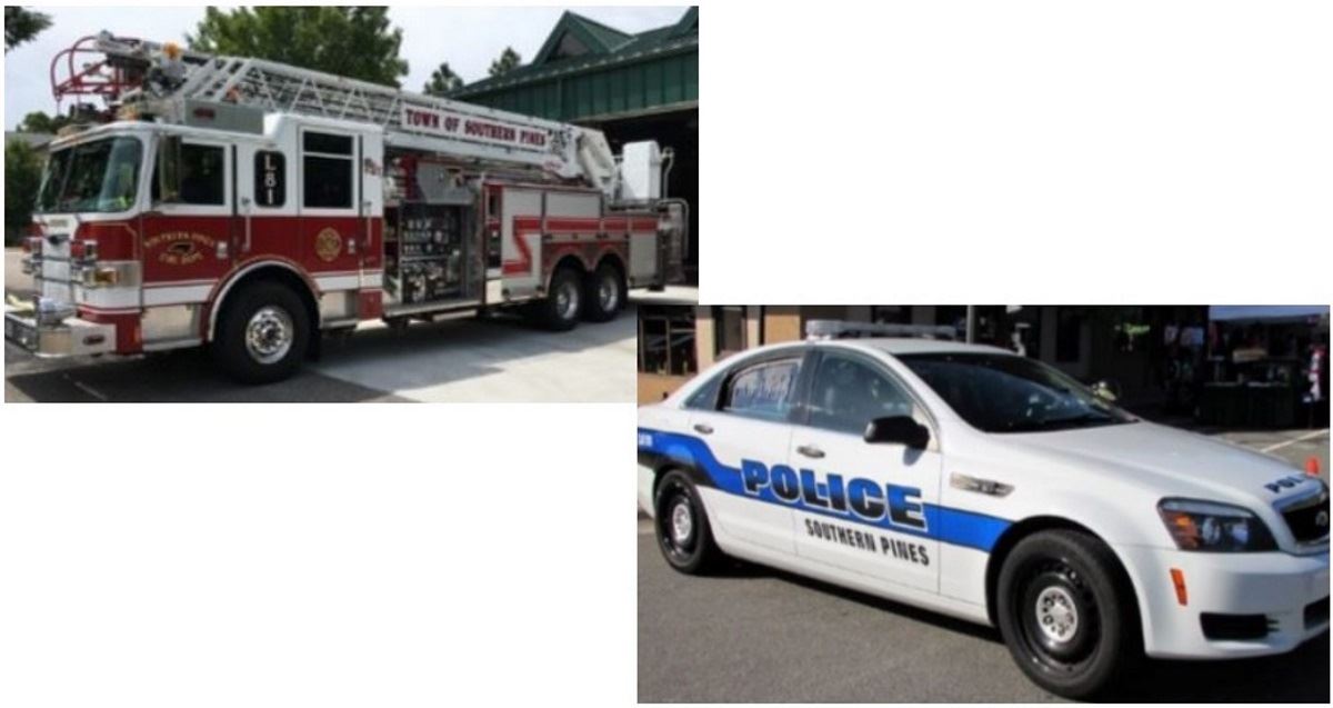 Image of a fire truck and a police car
