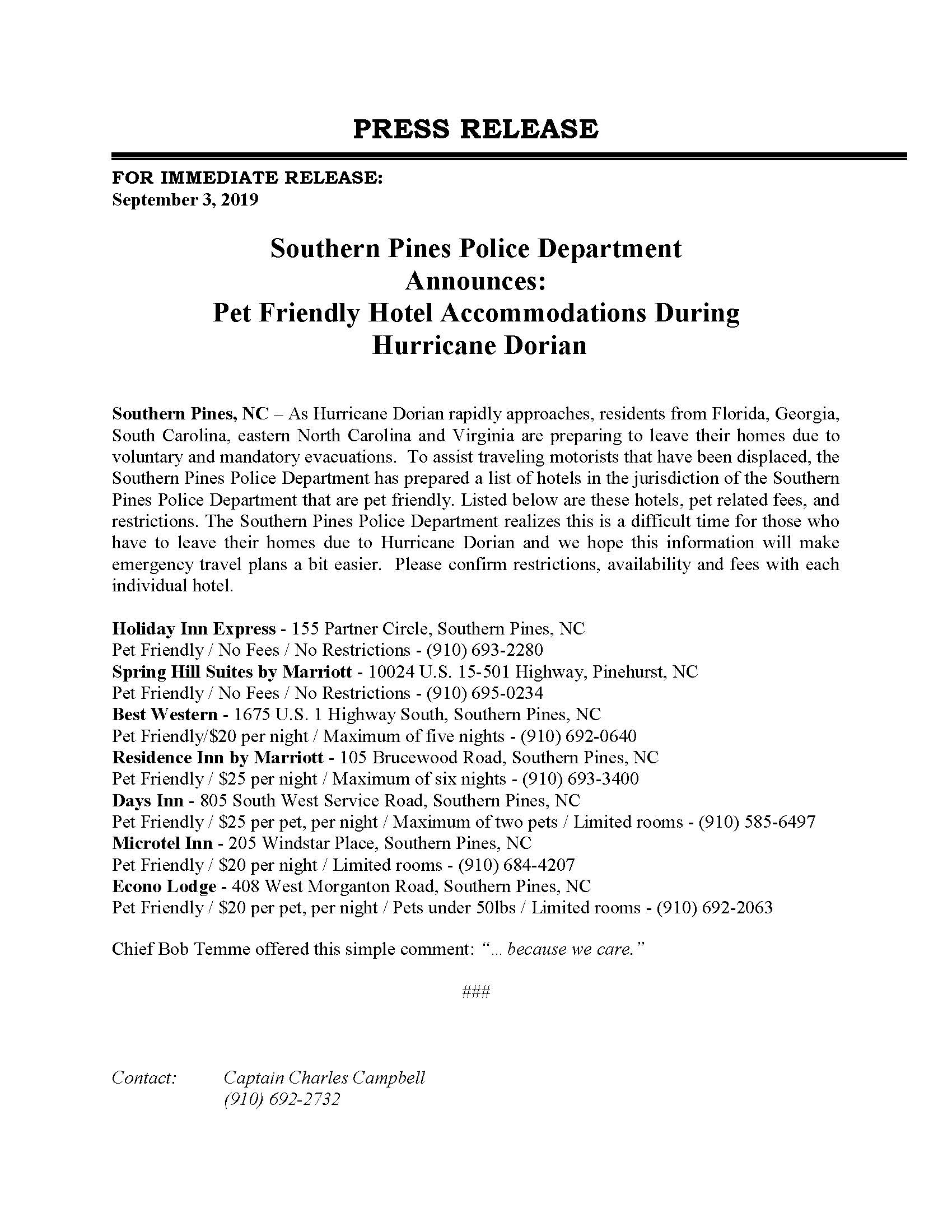 Press Release - Pet Friendly Hotels-9-3-19